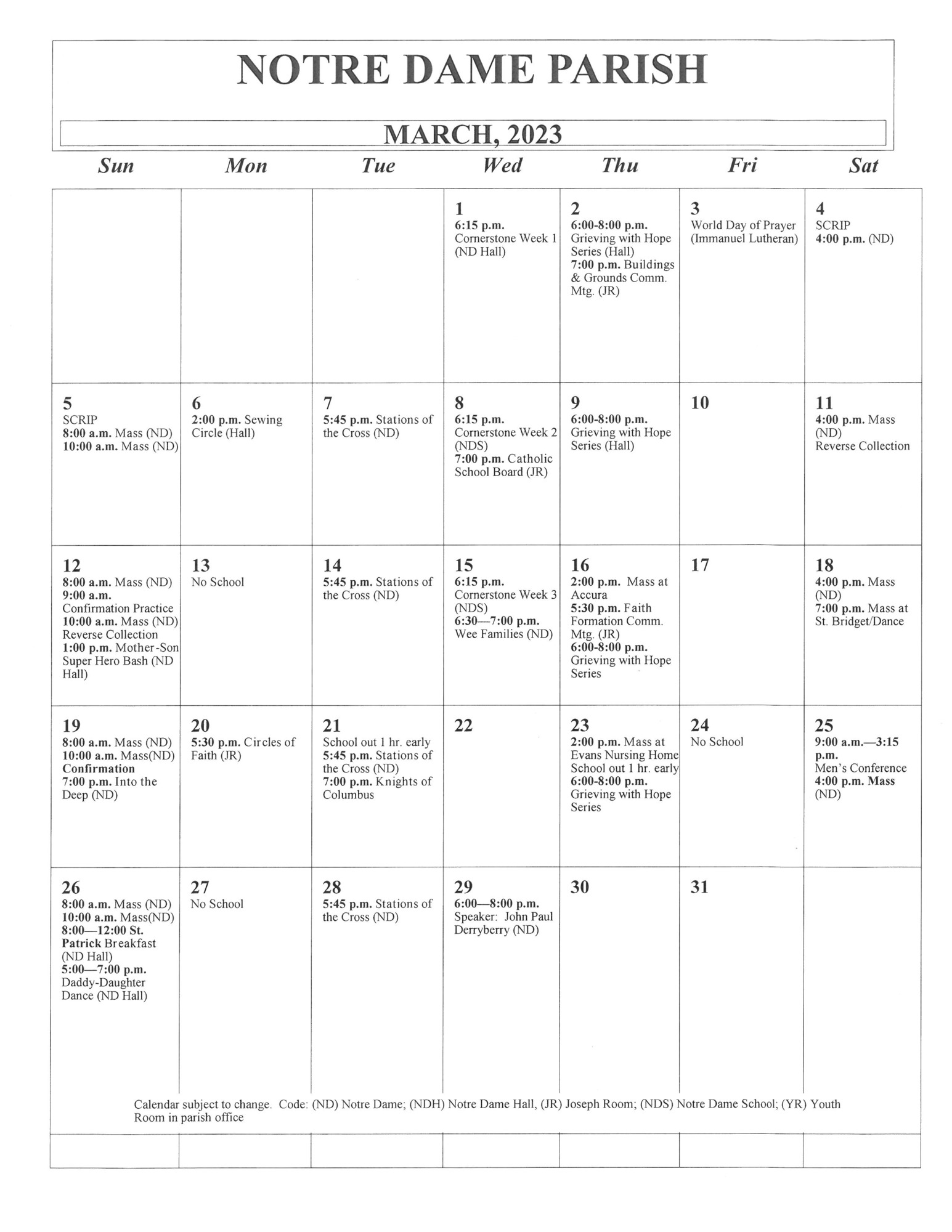 Parish Calendar Notre Dame Parish Cresco, IA